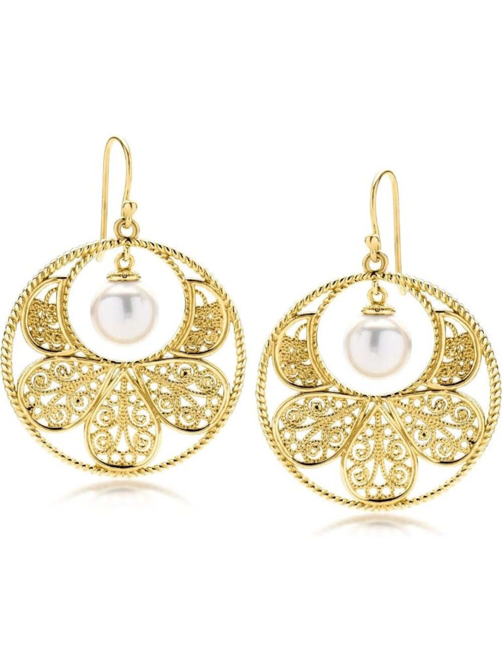 Elegant 14kt Gold-Plated Filigree Drop Earrings with 10mm Shell Pearls